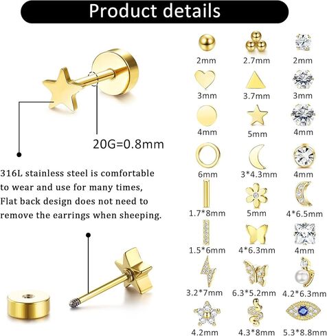 Thunaraz 24 قطعة من الأقراط الجراحية الفولاذية للنساء والرجال 20 جرام أقراط غضروفية صغيرة مسمار صغير ثعبان القمر نجمة فراشة زهرة هيبوالرجينيك برغي مسطح الظهر أقراط ثقب المجوهرات in Kuwait