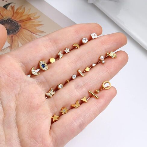 Thunaraz 24 قطعة من الأقراط الجراحية الفولاذية للنساء والرجال 20 جرام أقراط غضروفية صغيرة مسمار صغير ثعبان القمر نجمة فراشة زهرة هيبوالرجينيك برغي مسطح الظهر أقراط ثقب المجوهرات in Kuwait