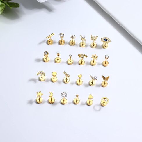 Thunaraz 24 قطعة من الأقراط الجراحية الفولاذية للنساء والرجال 20 جرام أقراط غضروفية صغيرة مسمار صغير ثعبان القمر نجمة فراشة زهرة هيبوالرجينيك برغي مسطح الظهر أقراط ثقب المجوهرات in Kuwait