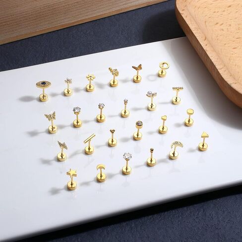 Thunaraz 24 قطعة من الأقراط الجراحية الفولاذية للنساء والرجال 20 جرام أقراط غضروفية صغيرة مسمار صغير ثعبان القمر نجمة فراشة زهرة هيبوالرجينيك برغي مسطح الظهر أقراط ثقب المجوهرات in Kuwait