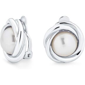 Twist Braided Rope Cable Bezel Set White Simulated Round Pearl Button Clip On Earrings For Women Yellow Rose Gold or Silver Plated