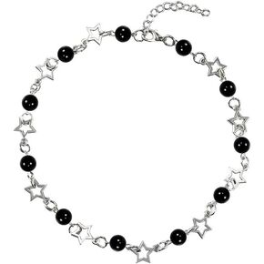 Y2K Star Pearl Charms Pendant Necklace Gothic Natural Stone Turquoise Beaded Adjustable Aesthetic Choker Necklace Grunge Star Healing Crystal Necklace Summer Jewelry for Teen Girls Women