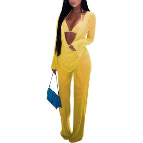 EDITCOZY Women Mesh Sheer 3pcs Outfits Long Sleeve Top Long Pant Bikini Cover Up in Saudi Arabia
