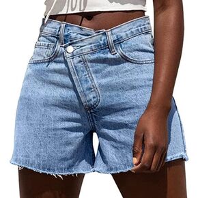 Genleck Women's Juniors Criss Crossover Jean Shorts High Waisted Stretchy Denim Shorts Casual Summer Hot Shorts(Blue,Size M) in Kuwait