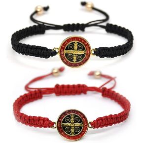 Pingyongchang 2Pcs Catholic Saint Benedict Medal Bracelet Adjustable Braided String Matching Bracelets Handmade Protection Pray Inspirational Religious Jewelry Gifts for Women Men in Kuwait
