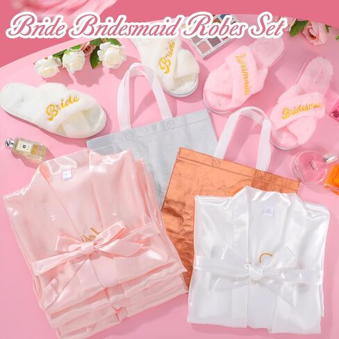 جيويو جوليري طقم كيمونو للعروس ووصيفة العروس مكون من 15 قطعة، رداء كيمونو لوصيفة العروس وحفلات الزفاف وشبشب وشبشب وشنطة حمل وهدية زفاف لحفلات توديع العزوبية in Kuwait