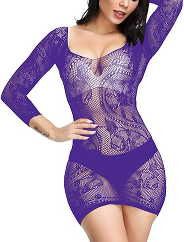 Woosifun Women Fishnet Lingerie Sleepwear Loong Pattern Mesh Babydoll Mini Dress Free Size Bodysuit One Piece in Saudi Arabia