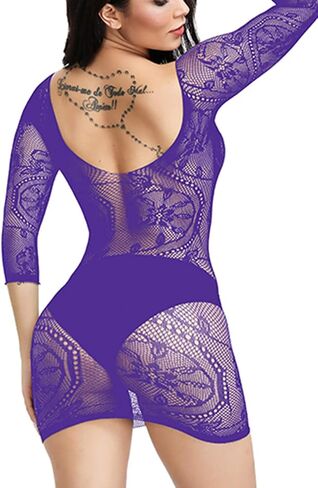 Woosifun Women Fishnet Lingerie Sleepwear Loong Pattern Mesh Babydoll Mini Dress Free Size Bodysuit One Piece in Saudi Arabia