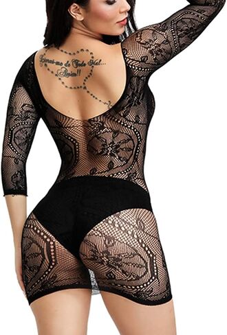 Woosifun Women Fishnet Lingerie Sleepwear Loong Pattern Mesh Babydoll Mini Dress Free Size Bodysuit One Piece in Saudi Arabia