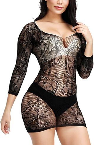 Woosifun Women Fishnet Lingerie Sleepwear Loong Pattern Mesh Babydoll Mini Dress Free Size Bodysuit One Piece in Saudi Arabia