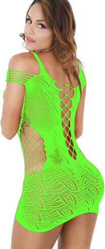 Woosifun Women Sexy Flexible Fishnet Lingerie V-Neck Babydoll Mesh Teddy Bodysuit Mini Dress One Size in Saudi Arabia