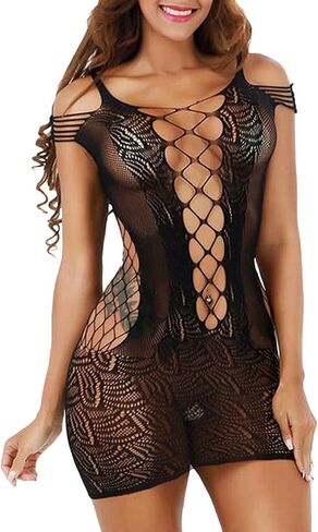 Woosifun Women Sexy Flexible Fishnet Lingerie V-Neck Babydoll Mesh Teddy Bodysuit Mini Dress One Size in Saudi Arabia