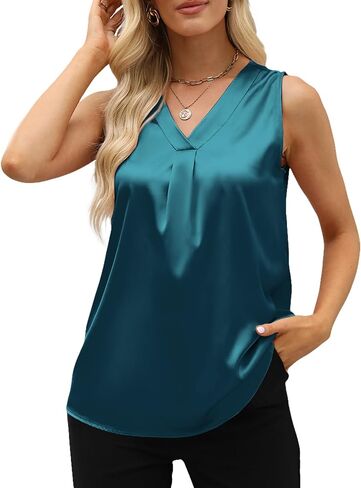 NETMEGO Women's Silk Satin Blouse, Summer Sleeveless Tank Tops, V Neck Camisole Work Shirts for Women 2024 in Saudi Arabia
