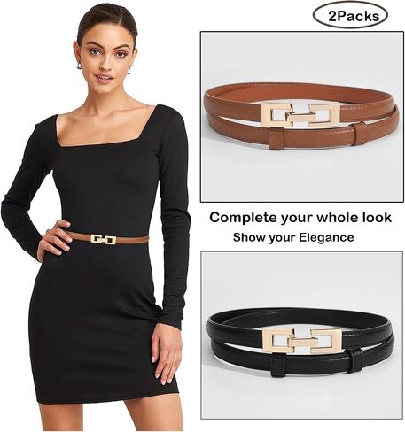 ALAIX 2Pack Skinny Leather Belts for Women Dress Belts Thin Waist Belt with Gold Buckle Adjustable Women's Belt in Kuwait