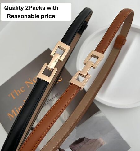 ALAIX 2Pack Skinny Leather Belts for Women Dress Belts Thin Waist Belt with Gold Buckle Adjustable Women's Belt in Kuwait