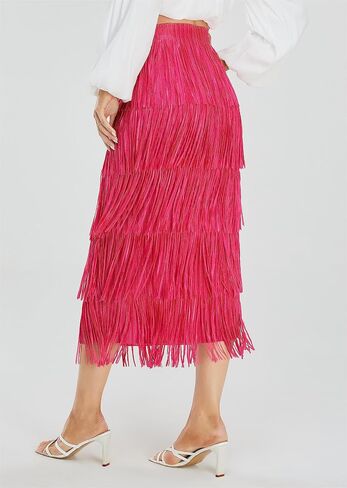 Kisidoo Women's Fringe Trim High Waist Short Pencil Bodycon Skirts, Sexy Elegant Fringe Long Maxi Skirt Summer Party Work in Saudi Arabia