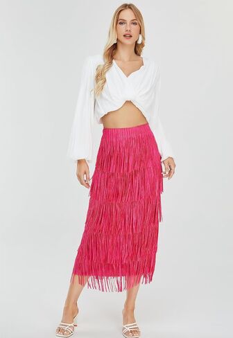 Kisidoo Women's Fringe Trim High Waist Short Pencil Bodycon Skirts, Sexy Elegant Fringe Long Maxi Skirt Summer Party Work in Saudi Arabia