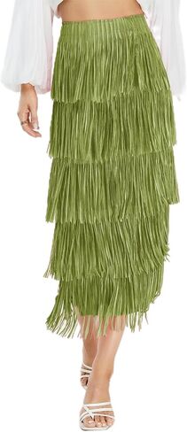 Kisidoo Women's Fringe Trim High Waist Short Pencil Bodycon Skirts, Sexy Elegant Fringe Long Maxi Skirt Summer Party Work in Saudi Arabia