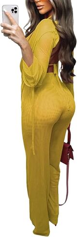EDITCOZY Women Mesh Sheer 3pcs Outfits Long Sleeve Top Long Pant Bikini Cover Up in Kuwait