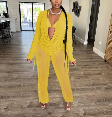 EDITCOZY Women Mesh Sheer 3pcs Outfits Long Sleeve Top Long Pant Bikini Cover Up in Kuwait