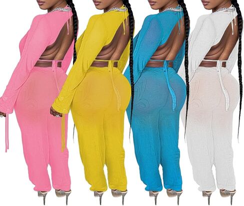 EDITCOZY Women Mesh Sheer 3pcs Outfits Long Sleeve Top Long Pant Bikini Cover Up in Kuwait