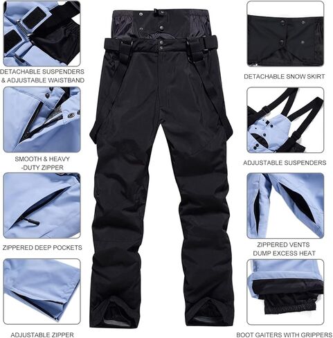 سروال HOUZONIY Bib Snow للنساء معزول مقاوم للماء، سروال تزلج مع تنورة بودرة قابلة للفصل وحمالات للتزلج على الجليد in Kuwait