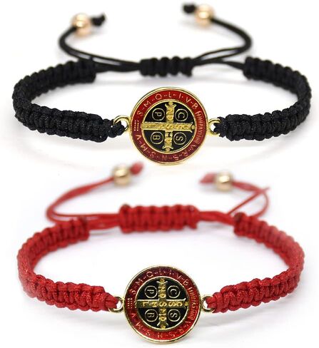 Pingyongchang 2Pcs Catholic Saint Benedict Medal Bracelet Adjustable Braided String Matching Bracelets Handmade Protection Pray Inspirational Religious Jewelry Gifts for Women Men in Kuwait