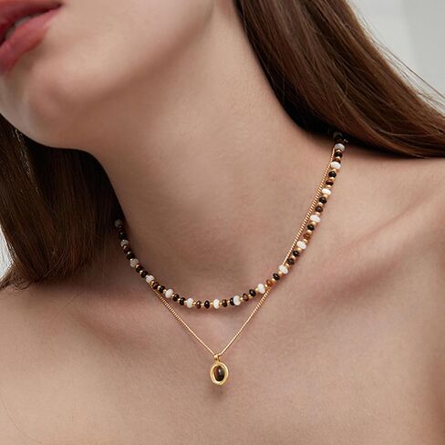 قلادة من حجر عين النمر البيضاوي من كاولين، كريستال شفاء 14 قيراط سلسلة مطلية بالذهب عيار 14 قيراط، حجر محظوظ مصنوع يدويًا، هدايا مجوهرات رائعة للنساء والفتيات in Kuwait