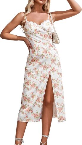 فستان نسائي ميدي كورسيه سادة بفتحة واسعة وأربطة فساتين A Line كاجوال للخروج فستان الشمس in Kuwait