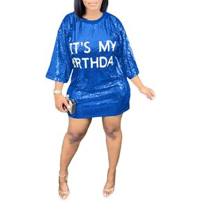 ALLUMK Women Sexy Glitter Sequin Shirts Dress Letter Graphic Print Half Sleeve Party Club Short Dress in Kuwait
