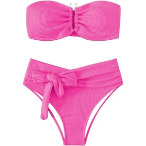 WDIRARA Women's 2 Piece Bikini Set Rib Knit Strapless Knot Front High Waist Swimsuit Set