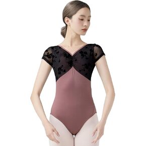 Phoeswan Dance Leotards For Women, Floral Flocking Mesh Women's Ballet Leotards Short Sleeve, Adult Dance Leotards for Women