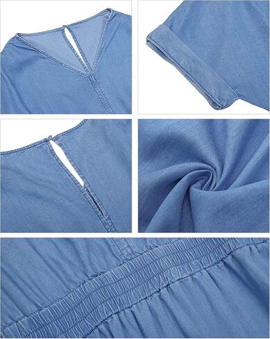 فستان من قماش الدنيم من LookbookStore للنساء من قماش شامبراي وأكمام على شكل جناح الخفاش وخصر مكشكش على شكل حرف A مع جيوب in Kuwait