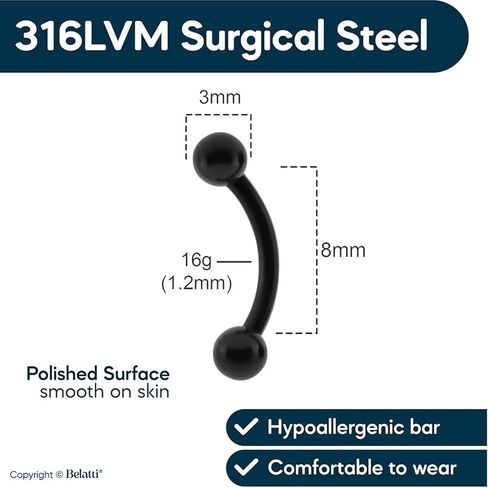 Belatti 16g مجموعة مجوهرات الحديد المنحني لثقب الحواجب - مجوهرات الحديد المنحني هيبوالرجينيك in Kuwait