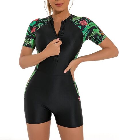 ABOCIW Womens Boyleg One Piece Rashguard Long Sleeve Swimsuit Floral Print Surfing Bathing Suit UPF 50+ Athletic Swimwear in Saudi Arabia