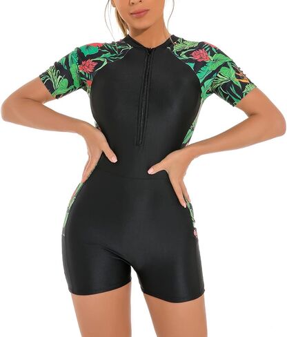 ABOCIW Womens Boyleg One Piece Rashguard Long Sleeve Swimsuit Floral Print Surfing Bathing Suit UPF 50+ Athletic Swimwear in Saudi Arabia