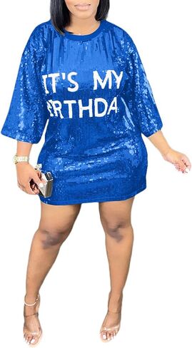 ALLUMK Women Sexy Glitter Sequin Shirts Dress Letter Graphic Print Half Sleeve Party Club Short Dress in Kuwait