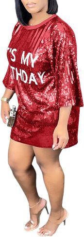 ALLUMK Women Sexy Glitter Sequin Shirts Dress Letter Graphic Print Half Sleeve Party Club Short Dress in Saudi Arabia