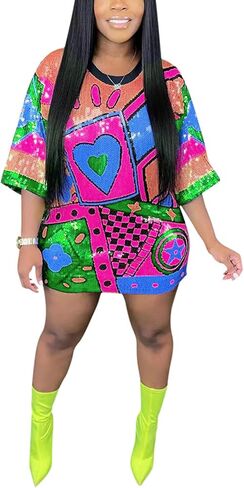 ALLUMK Women Sexy Glitter Sequin Shirts Dress Letter Graphic Print Half Sleeve Party Club Short Dress in Saudi Arabia