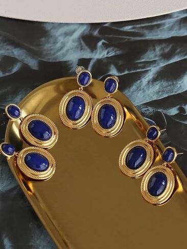 Dikixe Western Lapis Lazuli Drop Dangle Earrings, Gold Plated Navy Blue Gemstone Leo December Birthstone Earrings, Vintage Elegant Accessories Gifts for Women Girls in Saudi Arabia