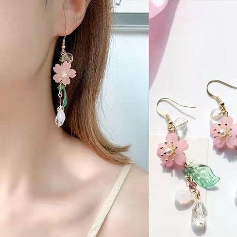 Aishgjia Pink Flower Tassel Petal Dangle Earrings for Women Girls Cute Pearl Leaf Sakura Leaf Earrings Fairy Statement Summer Refreshing Seaside Holiday Earrings in Saudi Arabia
