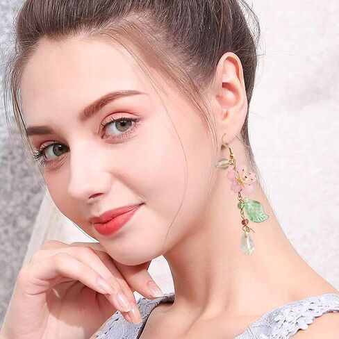 Aishgjia Pink Flower Tassel Petal Dangle Earrings for Women Girls Cute Pearl Leaf Sakura Leaf Earrings Fairy Statement Summer Refreshing Seaside Holiday Earrings in Saudi Arabia