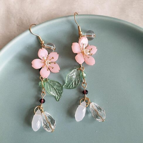 Aishgjia Pink Flower Tassel Petal Dangle Earrings for Women Girls Cute Pearl Leaf Sakura Leaf Earrings Fairy Statement Summer Refreshing Seaside Holiday Earrings in Saudi Arabia