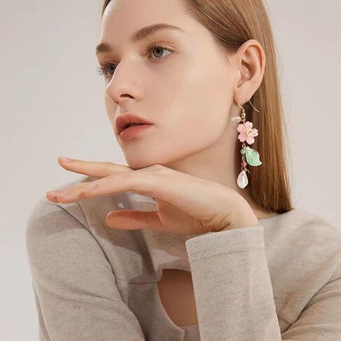 Aishgjia Pink Flower Tassel Petal Dangle Earrings for Women Girls Cute Pearl Leaf Sakura Leaf Earrings Fairy Statement Summer Refreshing Seaside Holiday Earrings in Saudi Arabia