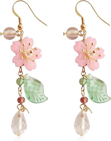 Aishgjia Pink Flower Tassel Petal Dangle Earrings for Women Girls Cute Pearl Leaf Sakura Leaf Earrings Fairy Statement Summer Refreshing Seaside Holiday Earrings in Saudi Arabia
