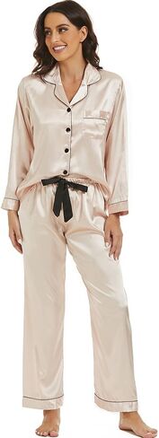 آنا آند كريس بيجامة من الحرير الساتان مجموعة للنساء زر أسفل ملابس خاصة 2 قطعة Pjs مجموعات طويلة الأكمام المطبوعة المرأة المتسكعون مجموعة in Kuwait