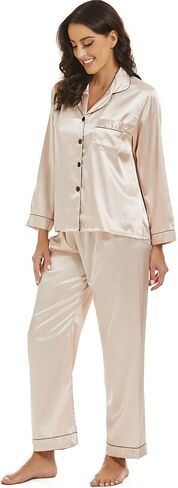 آنا آند كريس بيجامة من الحرير الساتان مجموعة للنساء زر أسفل ملابس خاصة 2 قطعة Pjs مجموعات طويلة الأكمام المطبوعة المرأة المتسكعون مجموعة in Kuwait