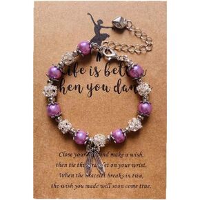 Lemua Dance Bracelet for Girls Pink Pearl and Rhinestone Bead Bracelet with Ballet Shoe Charm Dance Gifts for Granddaughter Daughter Niece Dancer Gifts for Girls