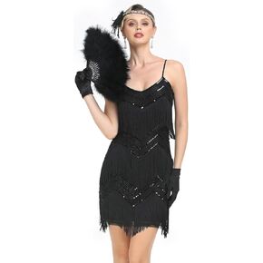 PrettyGuide Women's 1920s Gatsby Flapper Sequin Dress Beaded Tiered Fringe Cocktail Dress Wedding Guest Dress