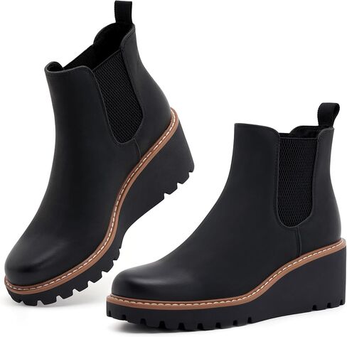 أحذية Vodvob النسائية للكاحل بكعب عريض وأحذية طويلة مرنة بمنصة تشيلسي سهلة الارتداء ونعل عريض in Kuwait